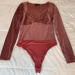 Lulu’s Ready To Go Out Rusty Rose Velvet Striped Long Sleeve Bodysuit